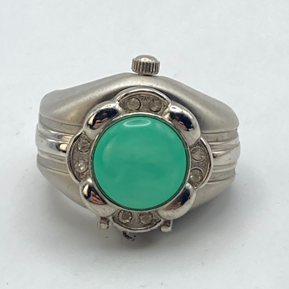 Persona Ring Watch Women Hidden Dial Silver Tone Green Cats Eye New Battery